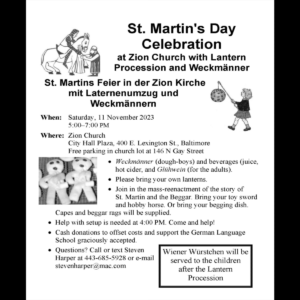 St Martin's Day Celebration at Zion Church November 11 2023 from 5 pm to 7 pm.